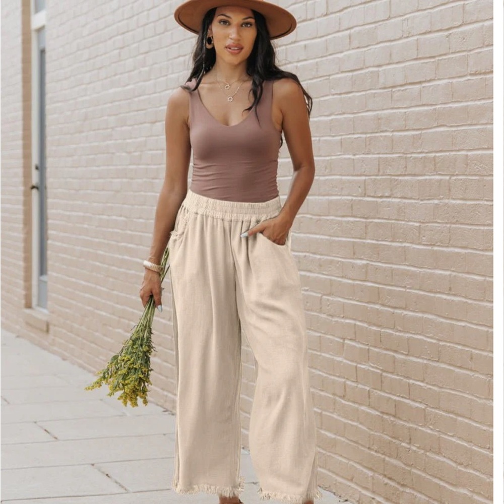 Umgee Linen Blend Elastic Waist Wide Leg Pants Oatmeal Large EUC